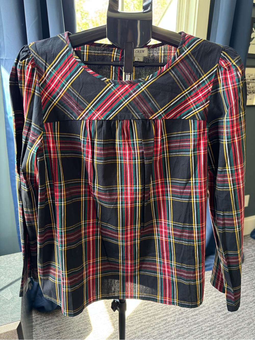 J.Crew Factory Holiday Tartan Plaid Puff Sleeve Poplin Blouse Women’s Size L